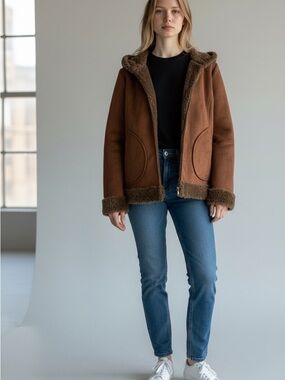 Brown Hooded Shearling Jacket - Women